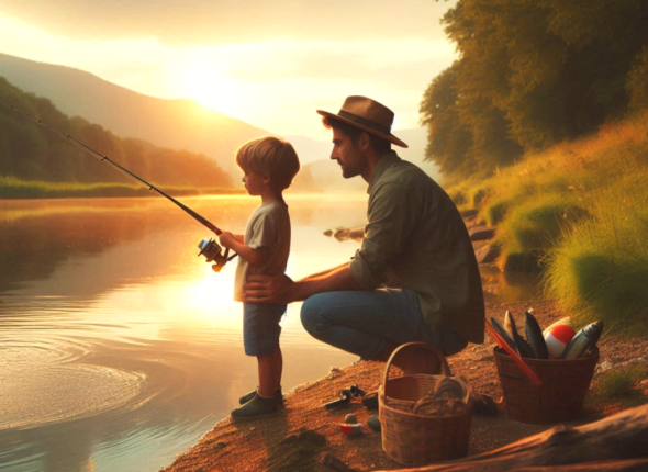 create image 580x360 of father and young son fishing by a river
